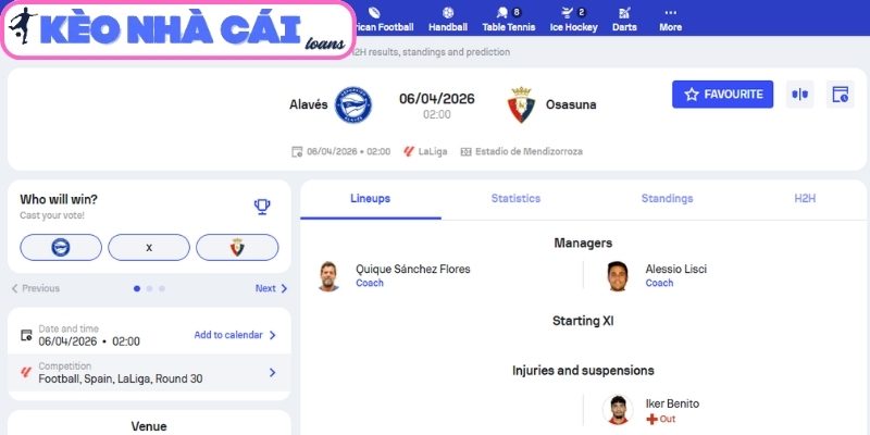 Kèo châu Á trận Alavés vs Osasuna (02:00 ngày 06/04, La Liga)