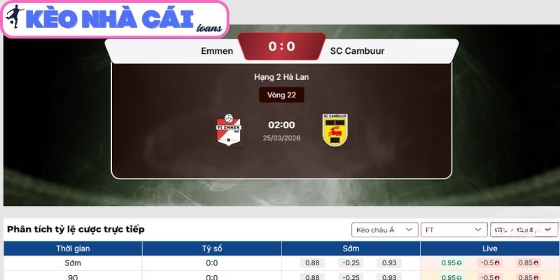 Kèo châu Á trận Emmen vs SC Cambuur (02:00 ngày 25/03, Hạng 2 Hà Lan)