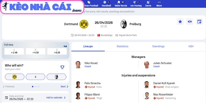 Soi kèo Borussia Dortmund vs Freiburg (22:30 ngày 26/04, Bundesliga) 3 Kèo châu Á trận Borussia Dortmund vs Freiburg (22:30 ngày 26/04, Bundesliga)