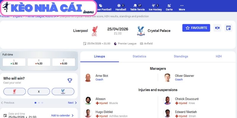 Soi kèo Liverpool vs Crystal Palace (21:00 ngày 25/04, Ngoại hạng Anh) 3 Kèo châu Á trận Liverpool vs Crystal Palace (21:00 ngày 25/04, Ngoại hạng Anh)