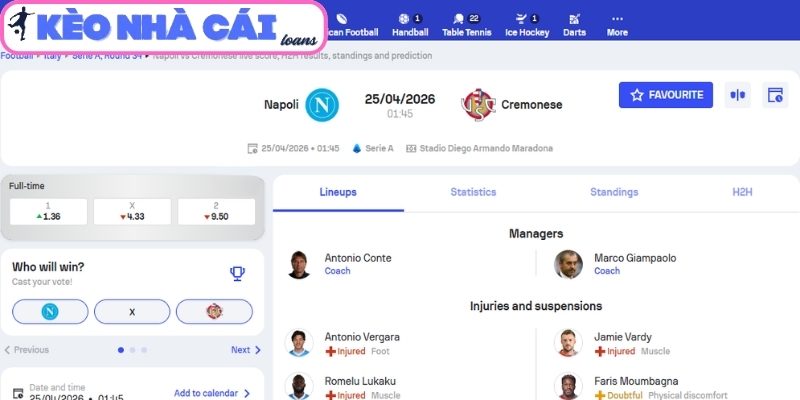 Soi kèo Napoli vs Cremonese (01:45 ngày 25/04, Serie A) 3 Kèo châu Á trận Napoli vs Cremonese (01:45 ngày 25/04, Serie A)